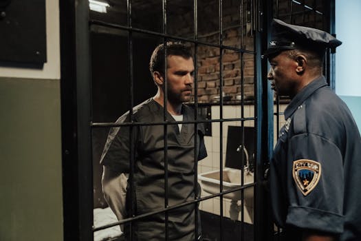 A police officer and a prisoner talking through a cell door, highlighting law enforcement in action.