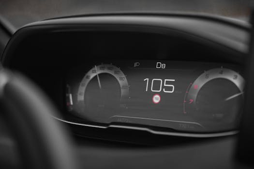 Close-up view of a digital car speedometer showing a speed of 105 in a modern vehicle dashboard.